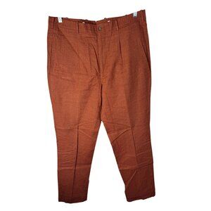 Epaulet Pleated Trousers Waist Hand Tailored Linen Blend Size 37x34 Rust Orange